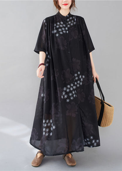 Black Stand Collar Oversized Print Chiffon Shirt Dresses Summer