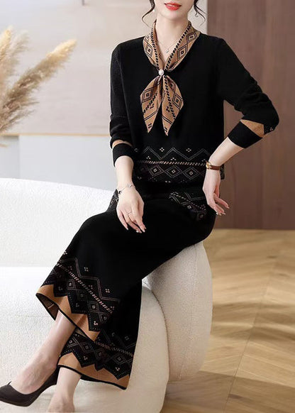 Classy Khaki Bow Woolen Two Piece Set Clothing Spring