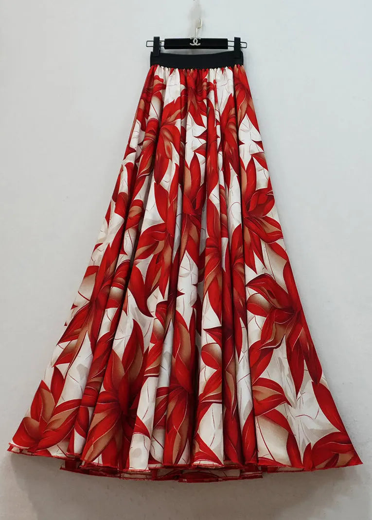Loose Red Print Elastic Waist Chiffon Maxi Skirts Summer
