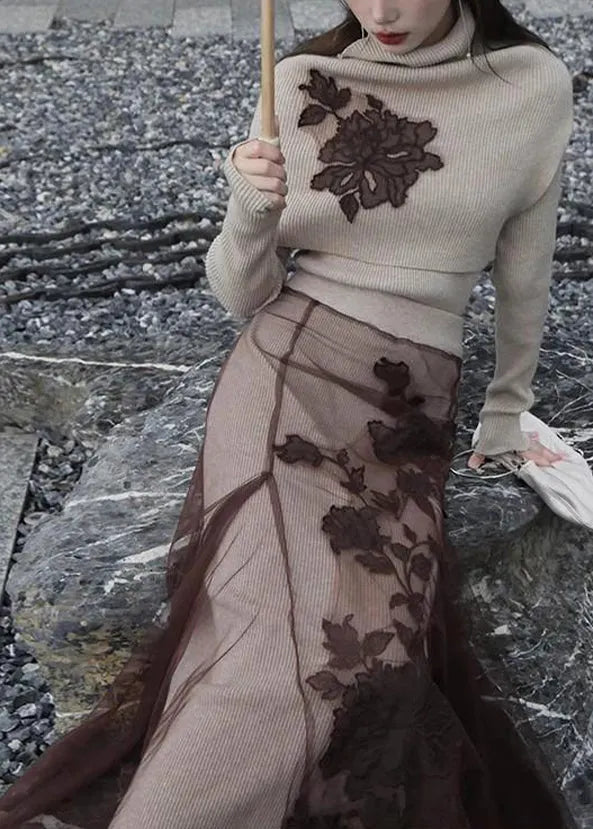 Art Khaki Embroideried Patchwork Silm Fit Knit Two Piece Top Set Winter