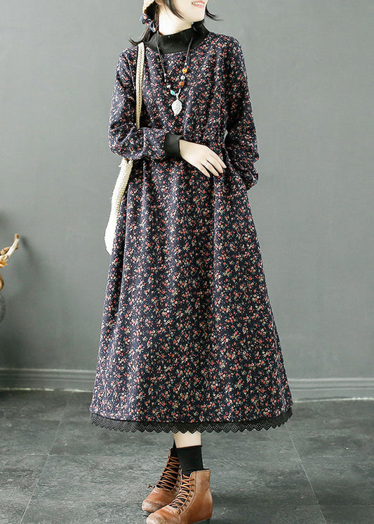 Navy Print Lace Up Patchwork Fleece Long Dress Winter