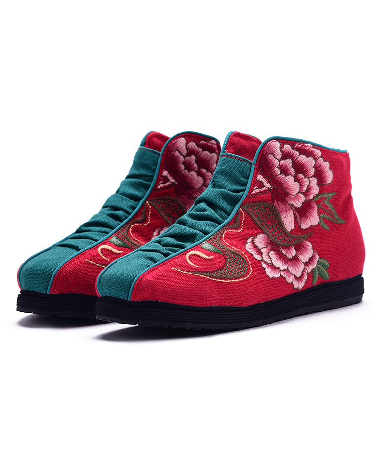 Embroideried Zippered Splicing Boots Red Linen Fabric Ankle Boots