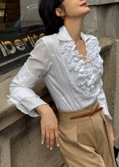 Stylish White V Neck Wrinkled Cotton Blouse Fall
