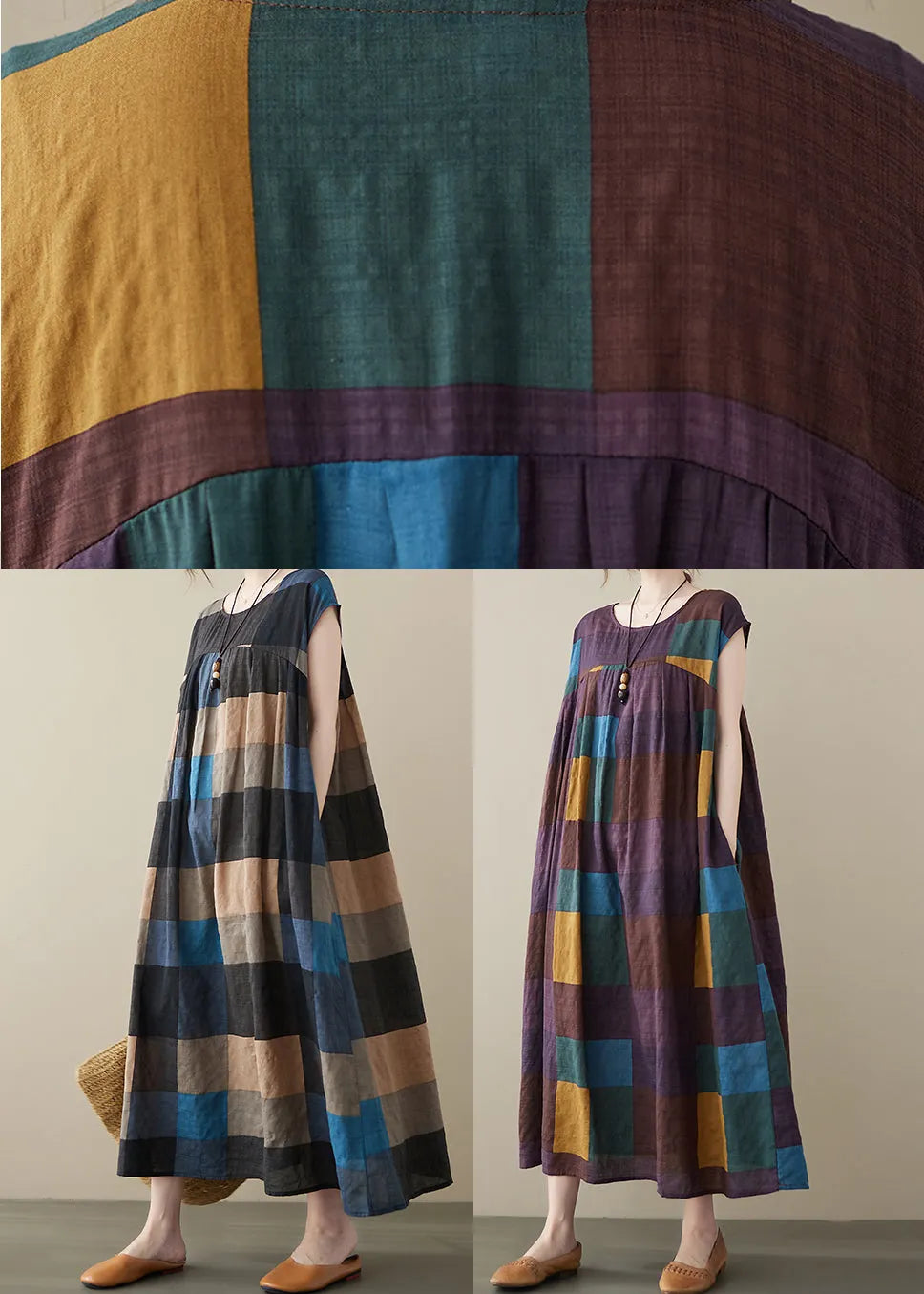 Stylish Black Plaid O-neck Linen Long Dresses Short Sleeve