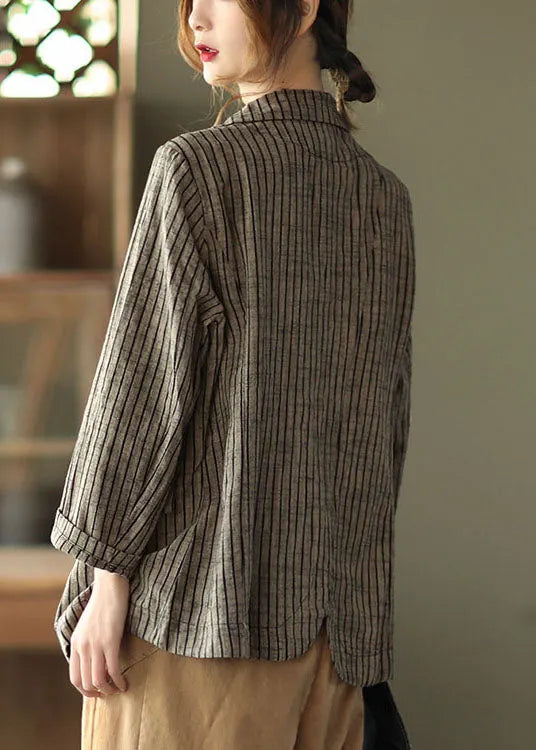 Light Button Pockets V Neck Striped Coats Long Sleeve Fall