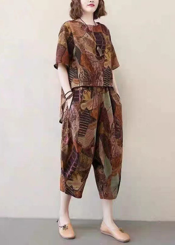 Chocolate O-neck Asymmetrical Design Print Cotton Two Pieces Set Summer