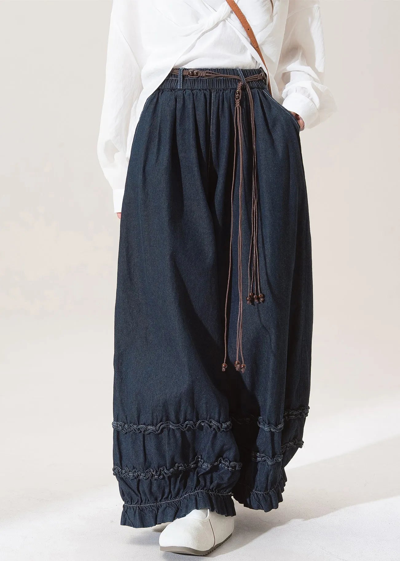 Dark Blue Dark Ruffled Pockets Lantern Jeans Spring