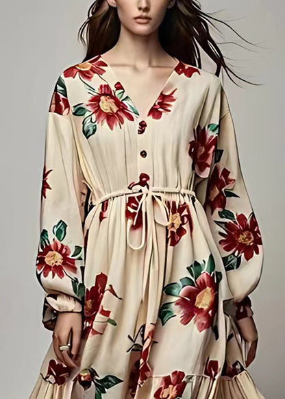 Khaki V Neck Lace Up Print Cotton Maxi Dress Long Sleeve
