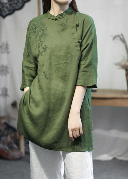 Green Stand Collar Embroideried Linen Tops Half Sleeve