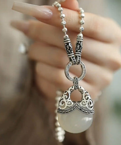 White Sterling Silver Chalcedony Round Bead Pendant Necklace