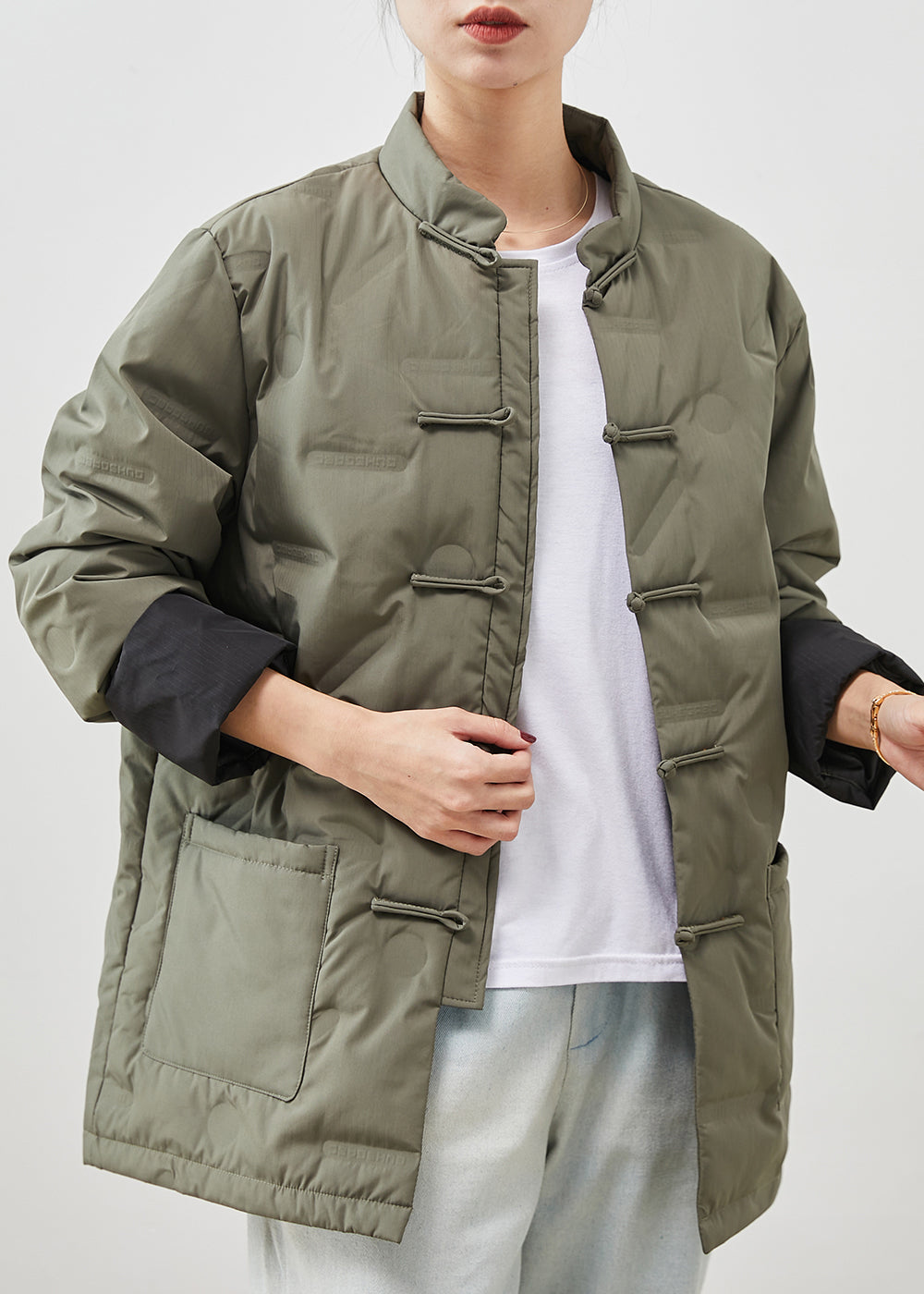 Grey Chinese Button Fine Cotton Filled Jackets Spring