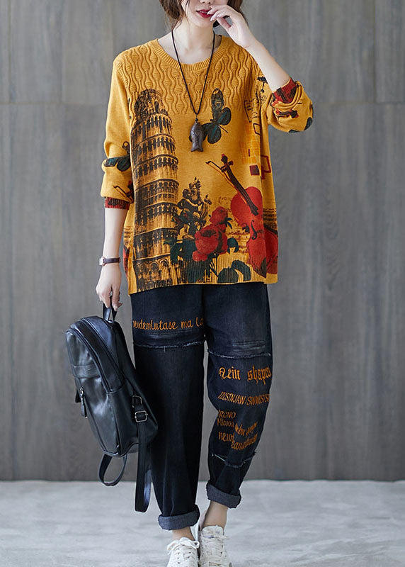 Fitted Yellow O-neck Loose Print Fall Knit Sweaters