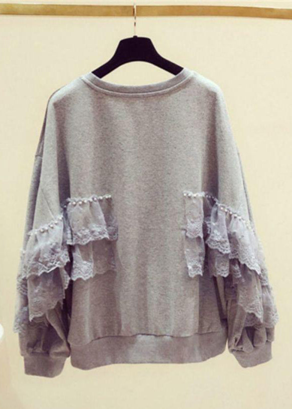 Loose Grey Pearl Lace Patchwork Cotton Spring