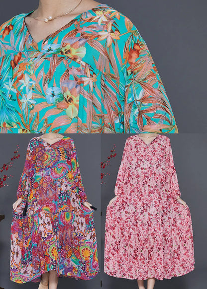 Pink Cinched Print Chiffon Holiday Dress Spring