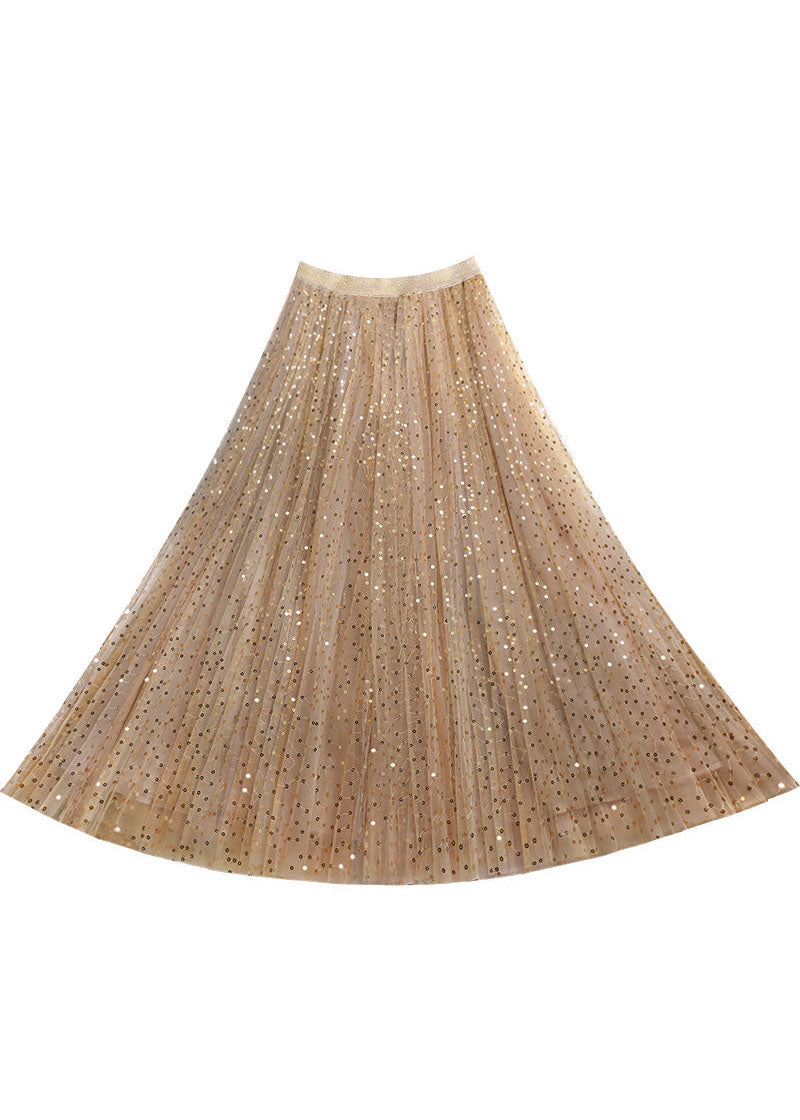 Khaki Embroideried Sequins Tulle a Line Skirt Spring