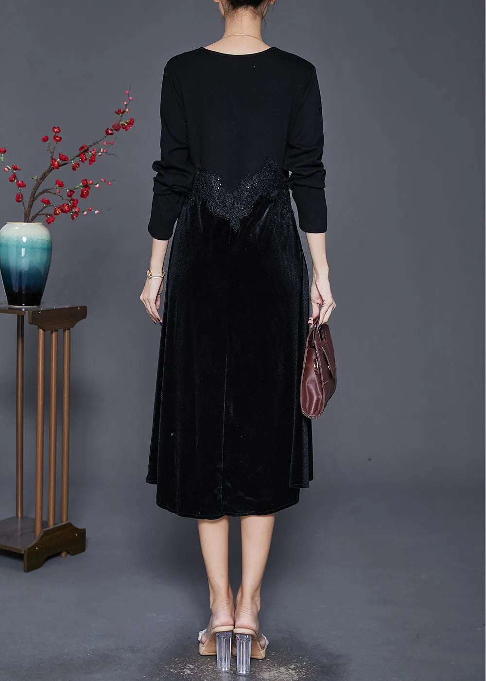 Black V Neck Patchwork Silk Velour Maxi Dresses Fall