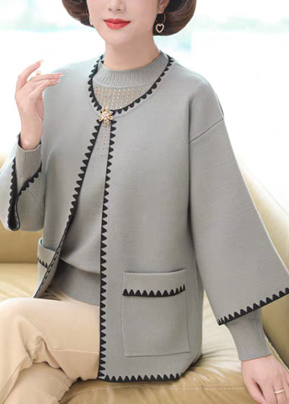 French Blue Patchwork Cotton Knit Cardigans and Sweaters Two Pieces Set Three Quarter Sleeve