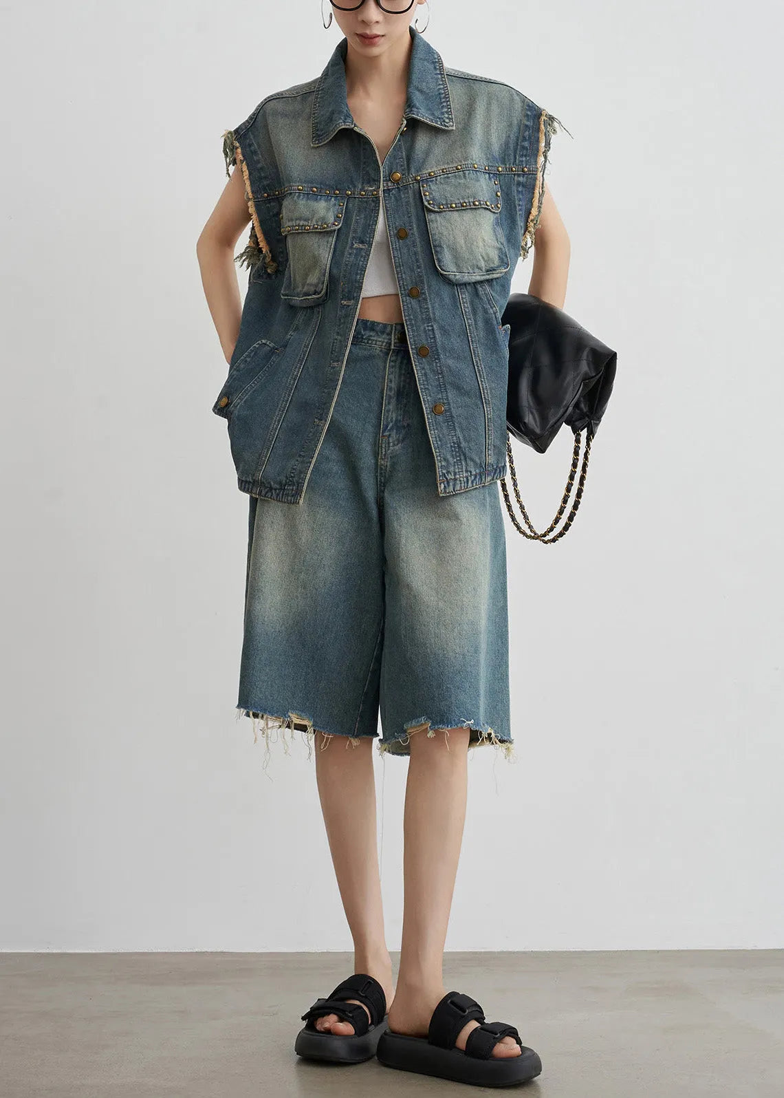 Blue Nail Bead Button Denim Two-piece Set Summer