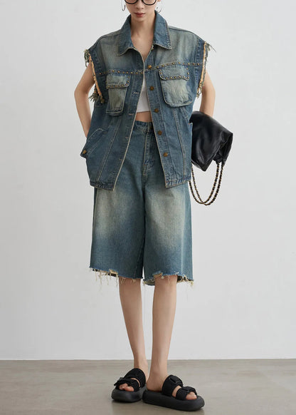 Blue Nail Bead Button Denim Two-piece Set Summer
