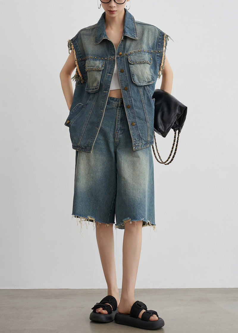 Blue Nail Bead Button Denim Two-piece Set Summer