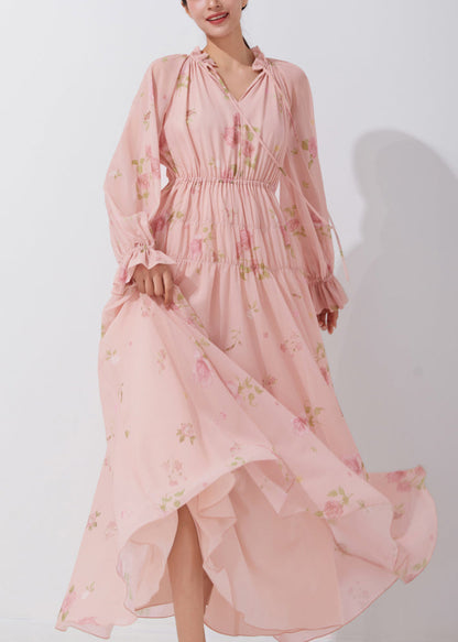 Pink Ruffled Print Lace Up Chiffon Dress Fall