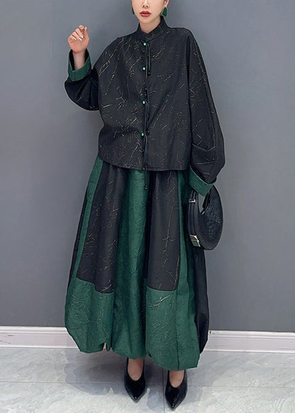 Black Green Stand Collar Tasseled Patchwork Cotton Two Piece Set Fall