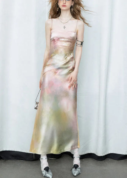 Gradient Color Side Open Silk Spaghetti Strap Dress Cold Shoulder Summer