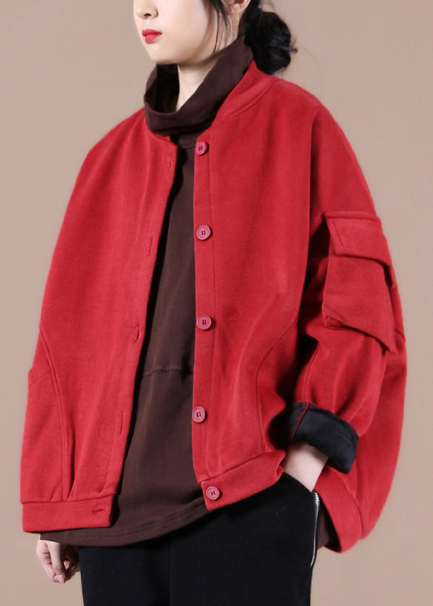 Red Stand Collar Pockets Warm Fleece Jacket Winter