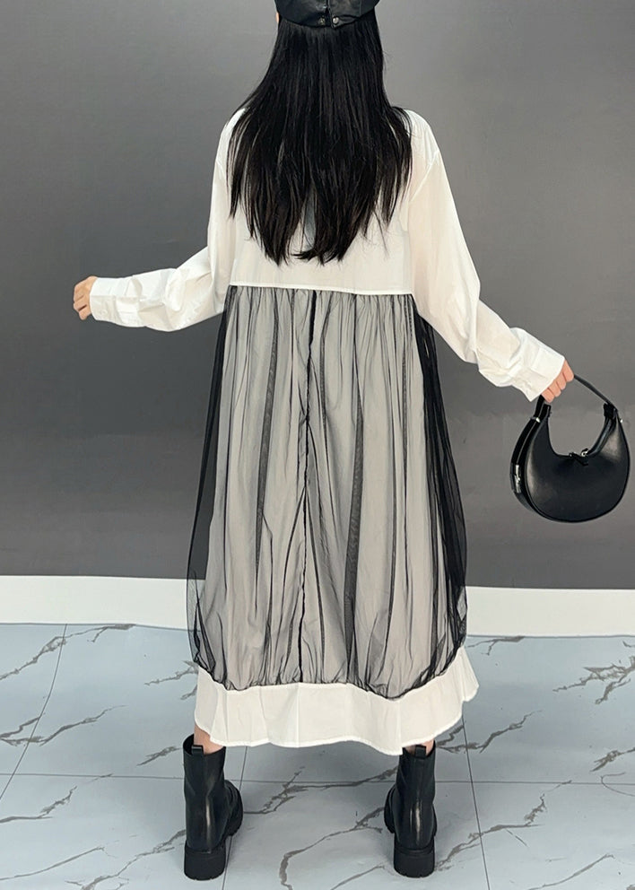 White Peter Pan Collar Asymmetrical Patchwork Long Shirts Dress Spring
