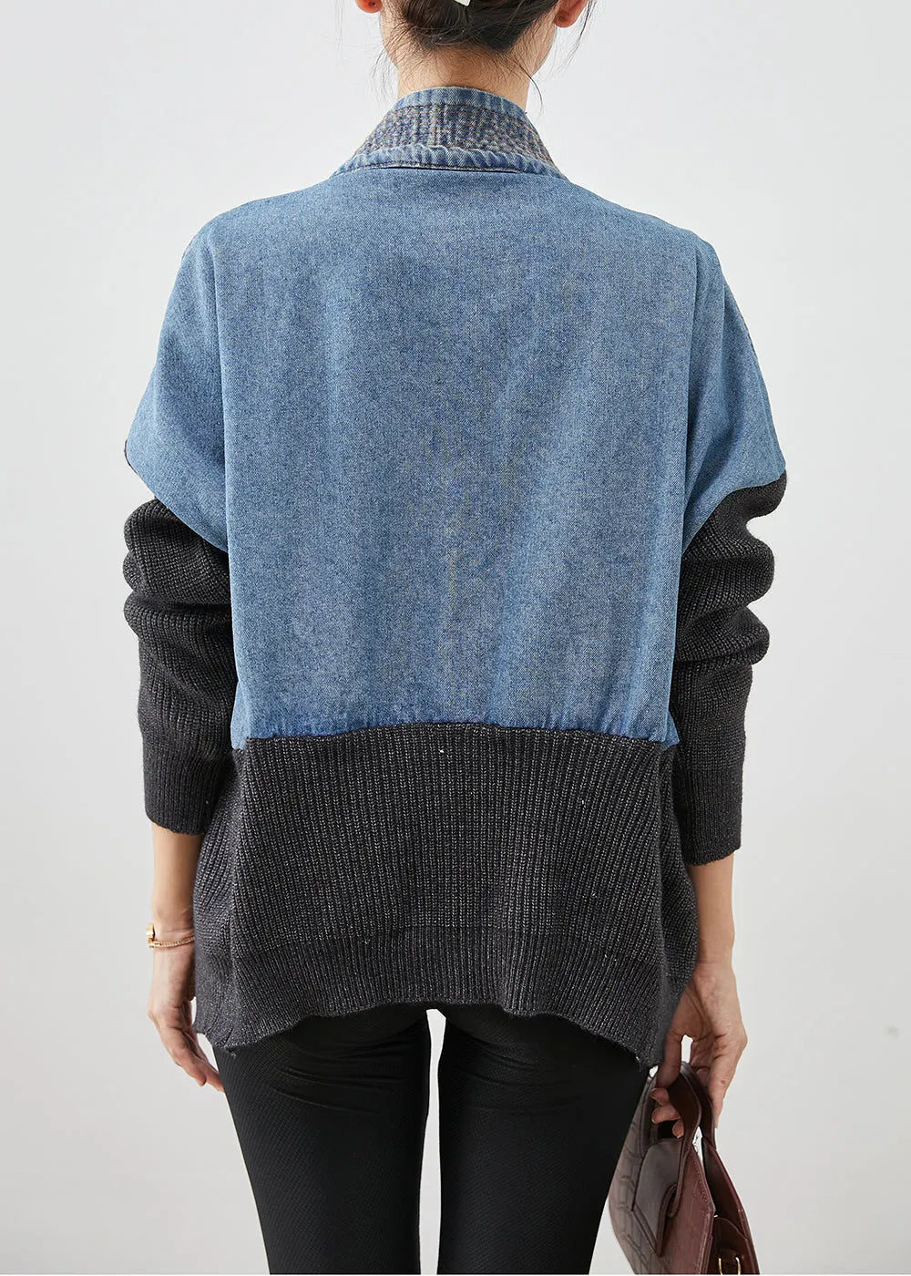 Blue Oversized Patchwork Knit Denim Loose Coat Fall