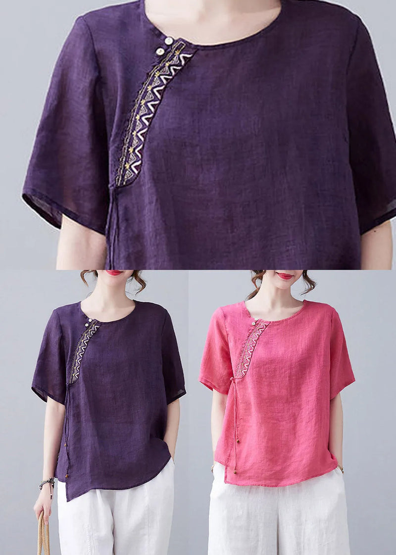 French Rose O-neck Embroideried Linen T Shirt Short Sleeve