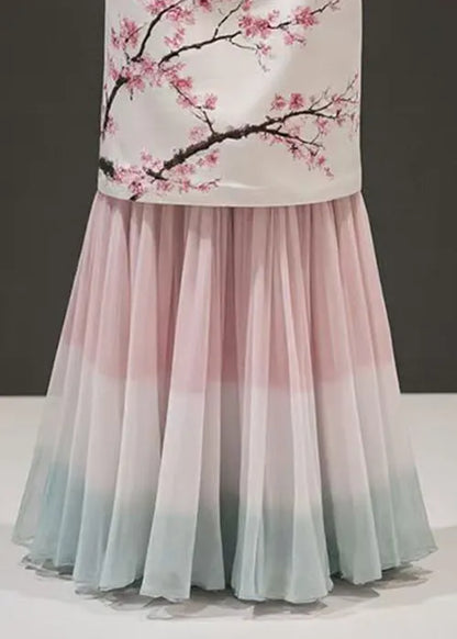 Pink Print False Two Pieces Chiffon Patchwork Skirts Summer
