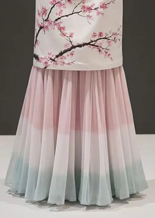Pink Print False Two Pieces Chiffon Patchwork Skirts Summer