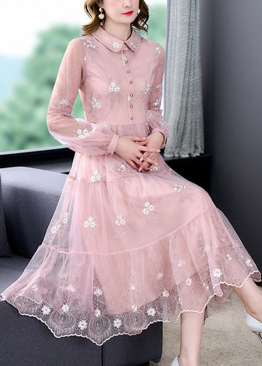 Pink Peter Pan Collar Embroideried Patchwork Button Tulle Maxi Dress Long Sleeve