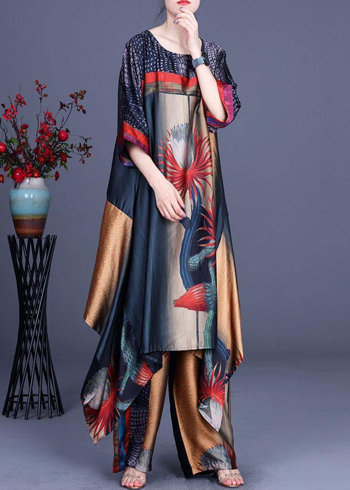 Italian Print Chiffon Asymmetrical Design Wide Leg Two Pieces Set