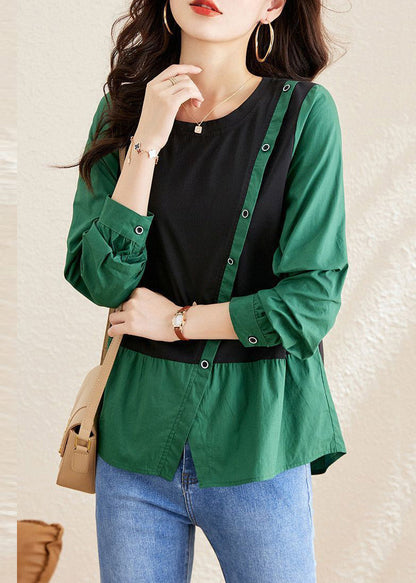 Green O-neck Asymmetrical Patchwork Wrinkled Top Long Sleeve