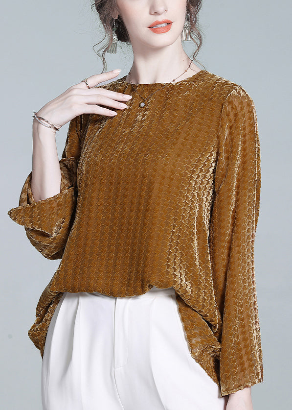Yellow O Neck Silk Velour T Shirts Flare Sleeve