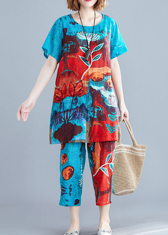 Blue O-neck Print Cotton Two Pieces Set Summer