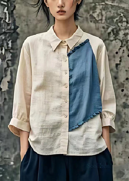 Apricot Oversized Patchwork Linen Blouse Tops Bracelet Sleeve