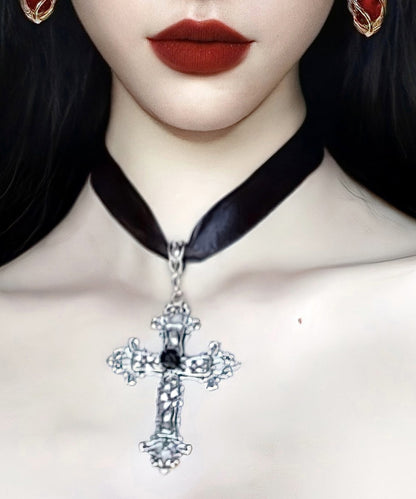 Black Genuine Leather Cross Pendant Necklace