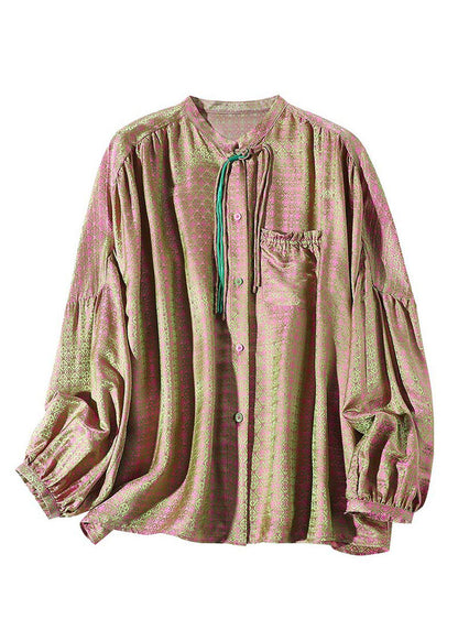 Pink Green Stand Collar Print Button Slik Shirts Lantern Sleeve