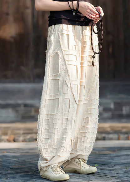 Beige Pockets Patchwork Linen Lantern Pants Spring
