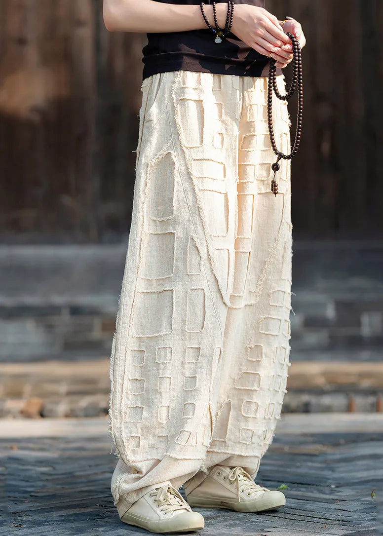 Beige Pockets Patchwork Linen Lantern Pants Spring