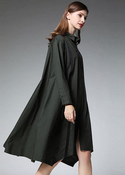 Tea Green Peterpan Collar Button Patchwork Fall Cotton Long Shirt