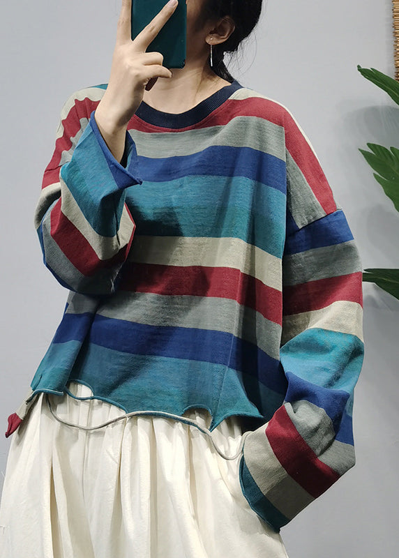 Stylish O-neck Asymmetrical Hole Striped Cotton Top Long Sleeve