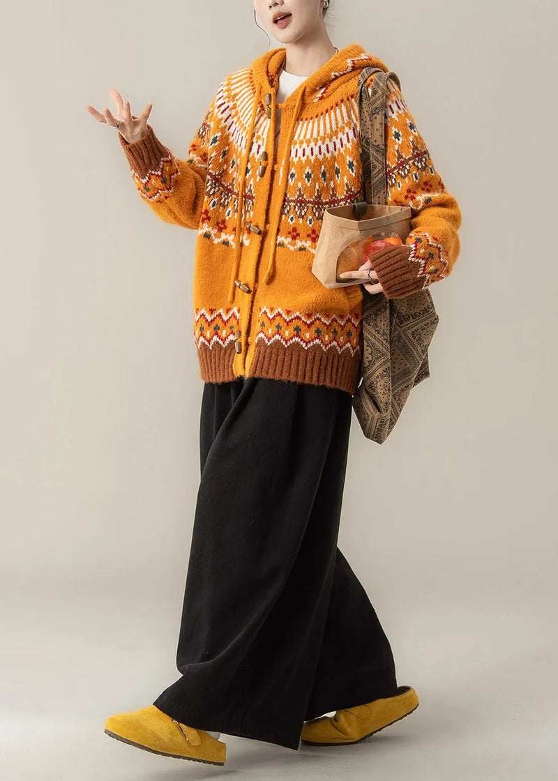 Stylish Orange Jacquard Hooded Knit Coat and Wide Leg Pants Two Pieces Set Spring