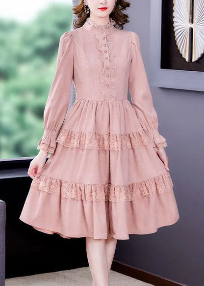 Pink Ruffled Lace Patchwork Exra Large Hem Silk Velour Dress Spring