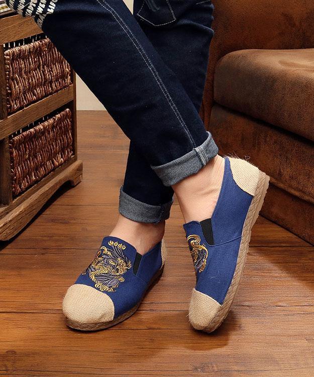 Navy Embroideried Splicing Flat Shoes Cotton Linen Fabric