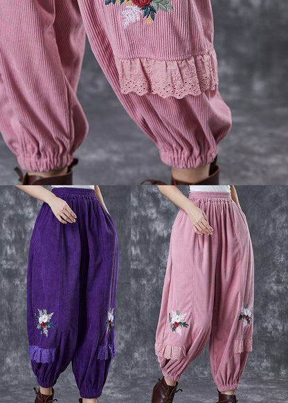 Dull Purple Embroideried Patchwork Corduroy Pants Fall