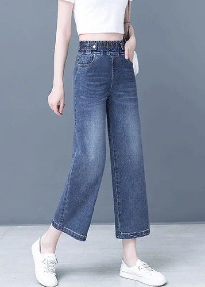 Denim Blue Patchwork Elastic Waist Crop Wide Leg Pants